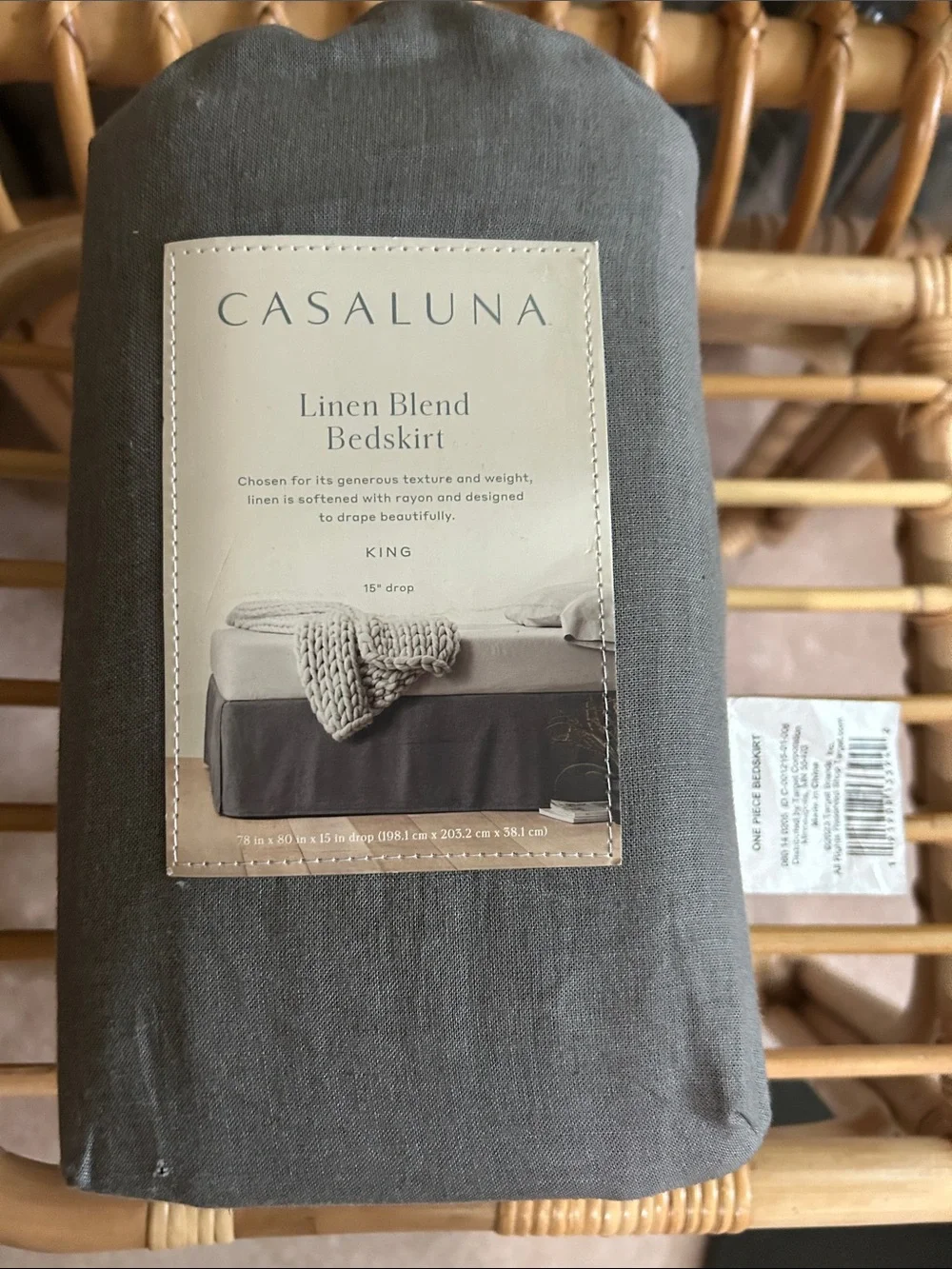 Casaluna King Linen Blend Bedskirt Dark Gray , Plain Weave, 15” Drop